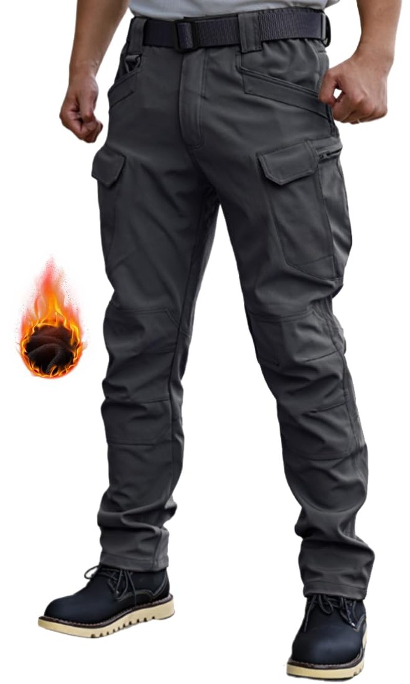 WINRKERY Men's Tactical Pants Work Pants Water Resistant Hiking Pants Military Combat Cargo Pants, Fleeced Black Large
