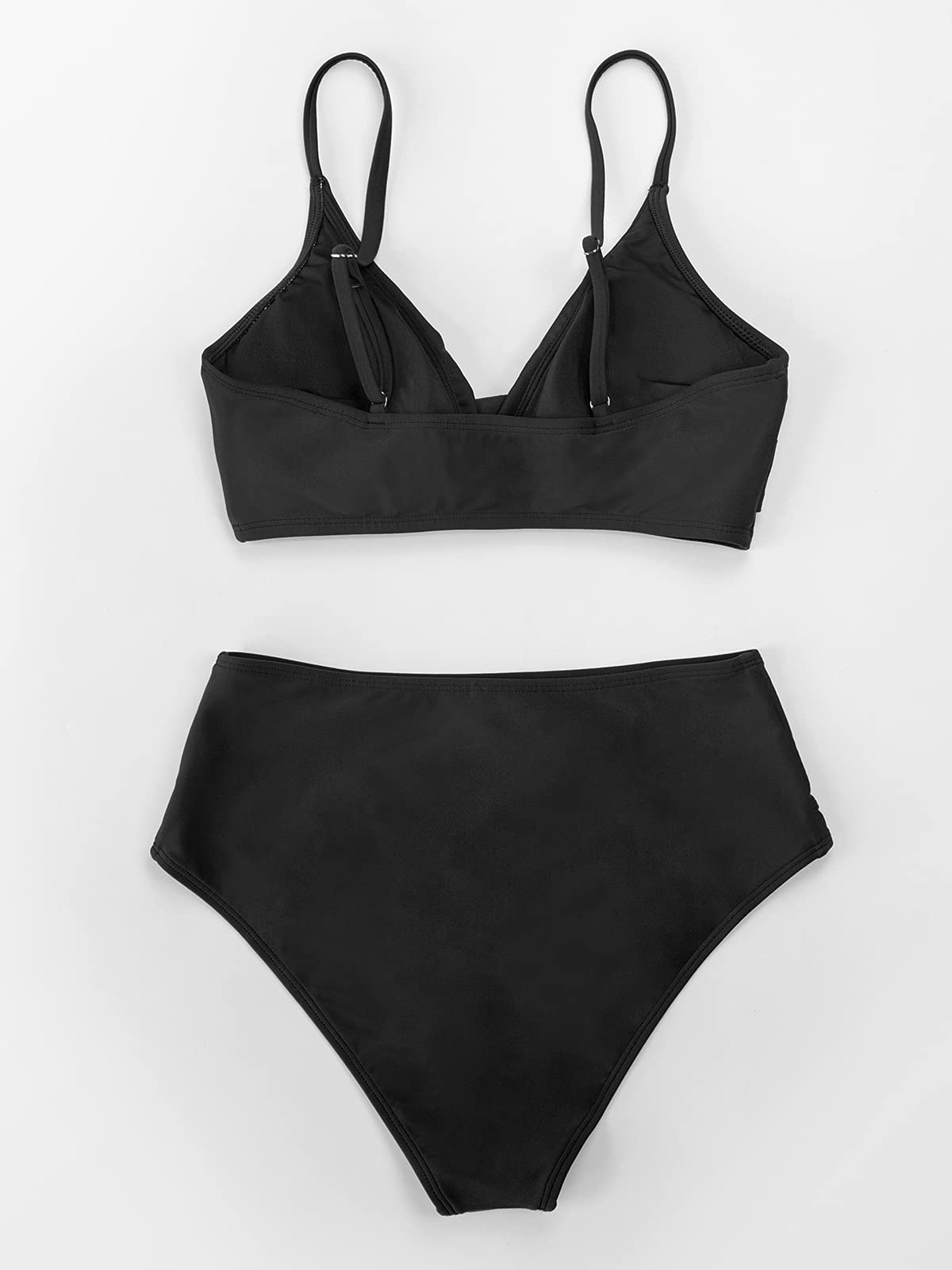 CUPSHE Women's Bikini Sets Two Piece Swimsuit High Waisted V Neck Twist Front Adjustable Spaghetti Straps Bathing Suit, M Black