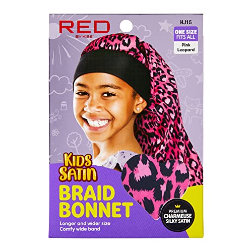 Kids Satin Braid Bonnet for Long Hair - Comfy Wide Band - Pink Leopard