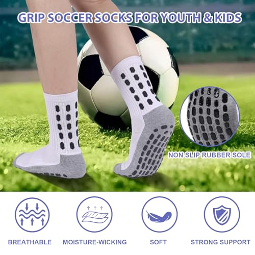 Barrlves 6 Pairs Kids Grip Soccer Socks Cushioned Non Slip Football Athletic Socks (Medium) – 2 Black, 2 White, 2 Blue