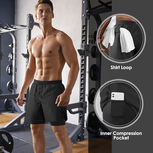 2-in-1 Men's Athletic Running Shorts - Workout Gym Training - Medium Black