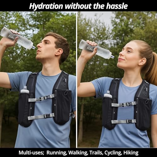 Build & Fitness Running Hydration Vest for Men & Women with 8 Pockets, Reflective, 2x 500ml Soft Flasks – Black