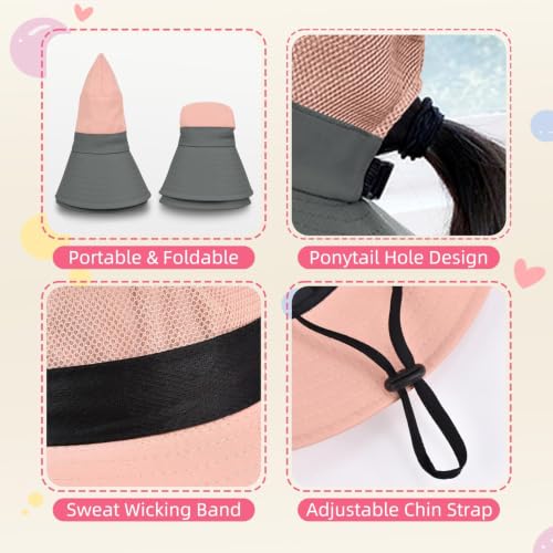 Kids Girls Ponytail Sun Hat UPF 50+ Two-tone Pink 2-5T Breathable Water-Resistant