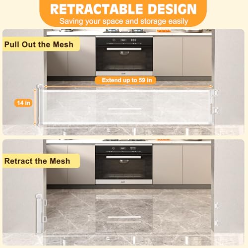 Short Dog Gate,14" Tall Retractable Baby Gate to Step Over, Puppy Mesh Pet Gates Doggy for Doorways Stairs, Extends up to 59" Wide for Kitchen Hallways Indoor, White