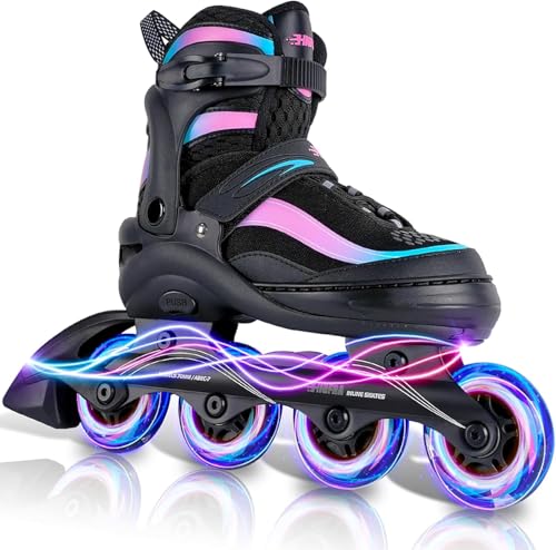 JIFAR Adjustable Inline Skates with Light-Up Wheels, Pink/Blue, Small (US 12J-2) for Ages 3-8
