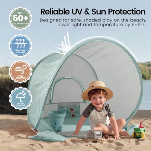 Baby Beach Tent - Pop Up Sun Shelter with UPF 50+ Protection, Pastel Aqua
