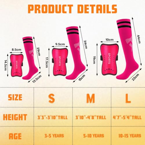 Kids Soccer Shin Guards Set with Socks - Rose Red, Ages 5-10