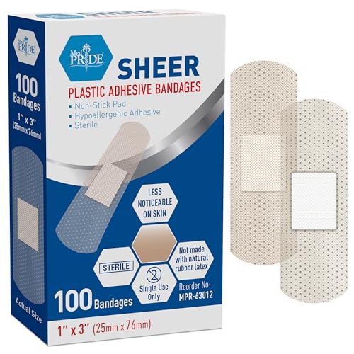 Sheer Adhesive Bandages for Sensitive Skin, Sterile 1" x 3" - 100 Count