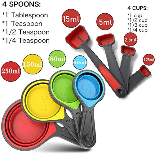 Collapsible Silicone Measuring Cups & Spoons Set - Red, 8 Pieces