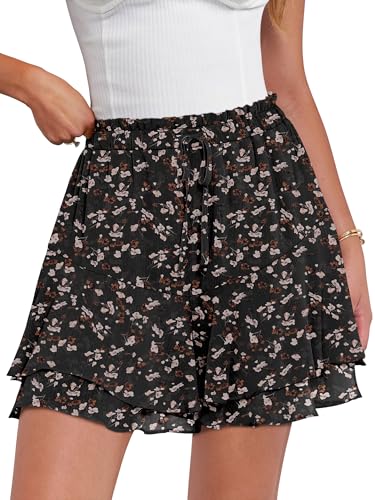 Caracilia Women's Flowy Floral Skorts for Summer, Black Beige, Size M