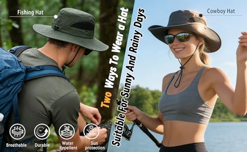 ZOORON 2-Pack Men's & Women's Wide Brim Sun Hats UPF50+ Waterproof Boonie - Light & Dark Gray, 6 3/4-6 7/8