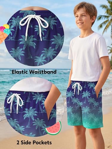 Boys Swim Trunks with Boxer Liner - A-Palm Blue, 10-12 Years