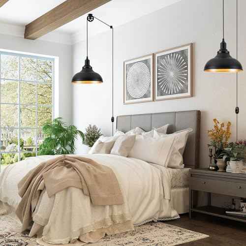 Black Pendant Light Hanging Lamps for Living Room Plug in 15FT Dimmable Switch Adjustable Pulley Hanging Lights with Cord for Kitchen Bedroom 2 Pack