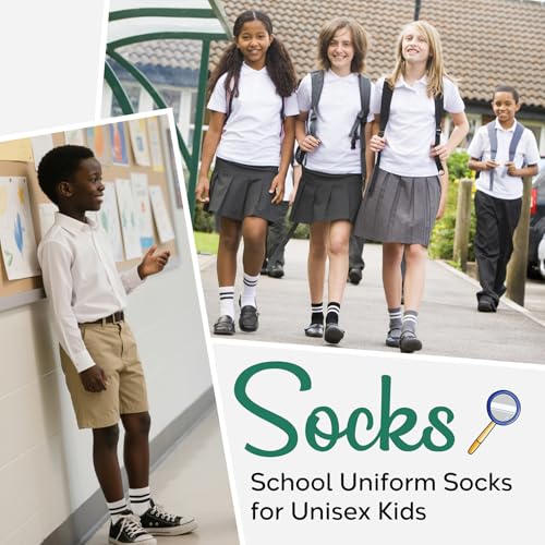 Kids Athletic Socks - Striped Crew Socks for School Uniform - Black & White - Big Kid / X-Large