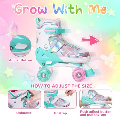 Nattork Kids Adjustable Roller Skates Teal Small(10C-13C) with Light-Up Wheels & Butterfly Design