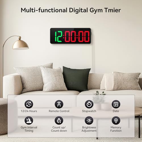 Tempospark Black 12-Inch LED Gym Timer Clock with Remote - Interval & Stopwatch for Workout & Office