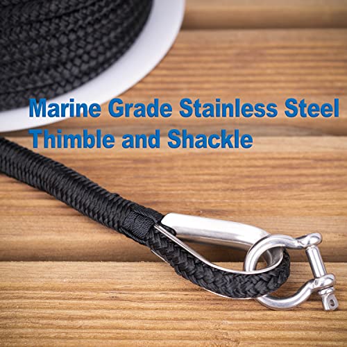 Young Marine 3/8 Inch x 150Ft Black Nylon Double Braided Anchor Line with Stainless Steel Thimble