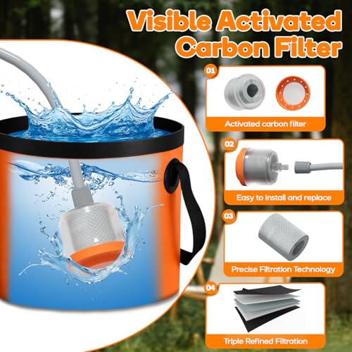 Rechargeable Portable Shower Head with 5.3 Gal Foldable Bag - USB-C LED Camp Shower, Car Wash & Pet Bathing (Orange)