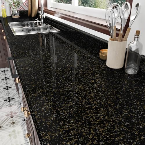 Black and Gold Granite Marble Contact Paper Peel and Stick Wallpaper Countertops 15.7"x78.8" Glossy Granite Contact Paper for Kitchen Cabinets Waterproof Removable Vinyl Wallpaper Backsplash