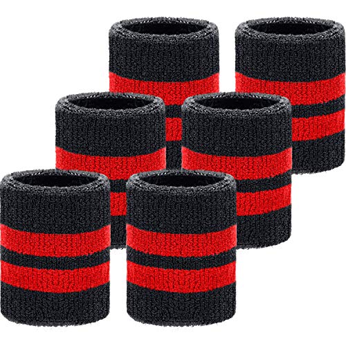 Wrist Sweatbands – 6 Pack Absorbent Athletic Bands - Black with Red Stripe