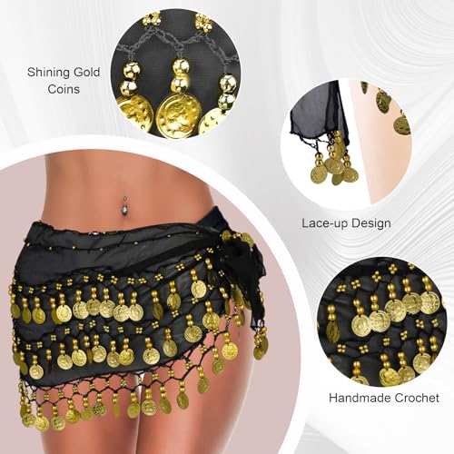 Belly Dance Hip Scarf - Black Chiffon with Gold Coins