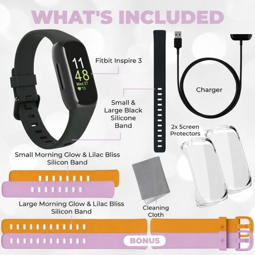 Fitbit Inspire 3 Health & Fitness Tracker Bundle - with Stress Management, Workout Intensity, Sleep Tracking, 24/7 Heart + 2 Silicone Bands, 2 Screen Protectors, Cleaning Cloth & Fast Charger