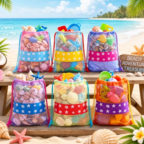 Beach Toy Mesh Bags - 12 Pcs Drawstring Backpack Set - Seashell