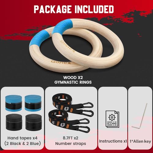 Gonex 32mm Birch Wooden Gymnastic Rings with Adjustable Straps & Carabiners – Olympic Pull Up Rings