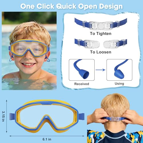 Kids Swim Goggles with Earplugs - Wide View, Anti-Fog, UV Protection - Blue Yellow
