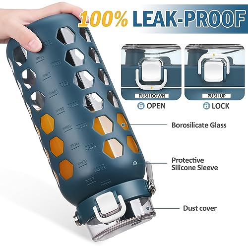 MUKOKO Blue 64oz Glass Water Bottle with Straw & Leakproof Lid
