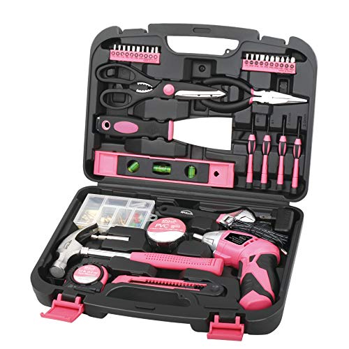 Pink Apollo Tools 135-Piece Household Tool Set with Rechargeable Cordless Screwdriver