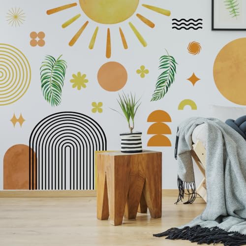 Creative Boho Half Sun Wall Decals Abstract Line Rainbow Wall Sticker DIY Removable Sun Minimalist Aesthetic Tropical Leaf Flowers Painting Decor for Kids Girls Bedroom Living Room Nursery Decoration