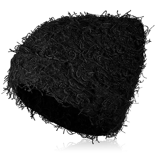 Distressed Knitted Beanie - Thick Warm Fuzzy Winter Hat - Black