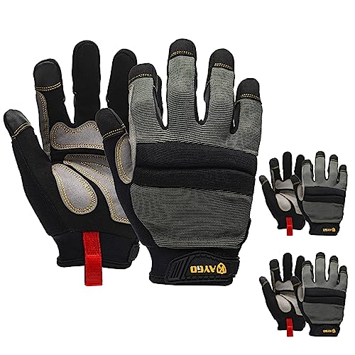 KAYGO Work Gloves For Men, KG125M Mechanic Utility Work Gloves for All Purpose, Excellent Grip, Heavy Duty, Improved Dexterity, Touch Screen,Large,3 Pair