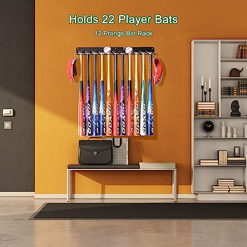 QBA Wall Mount Baseball Bat Holder - Heavy Duty Steel Organizer for 22 Bats, Garage & Dugout Storage (Black, 22 Bats)