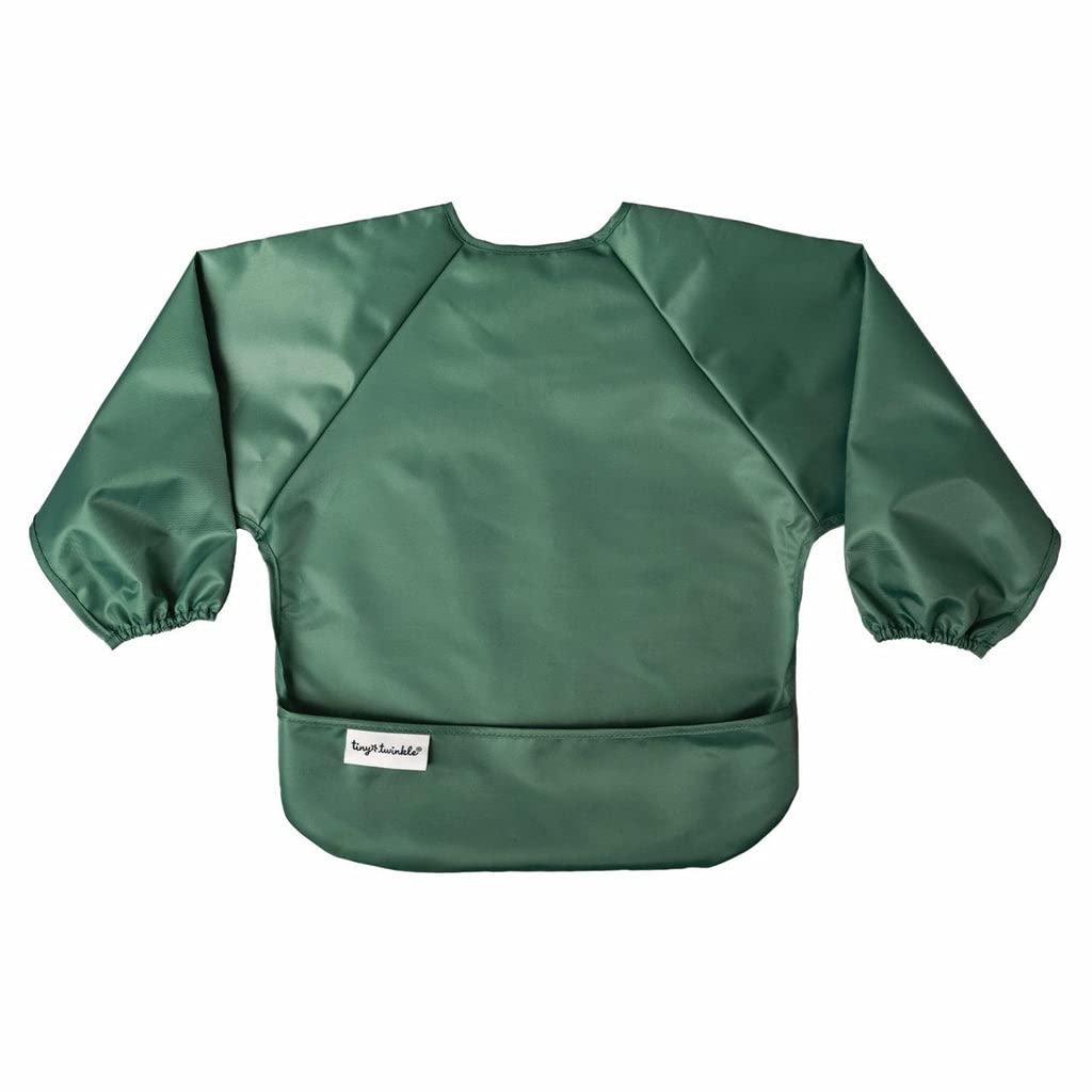 Tiny Twinkle Long Sleeve Bibs - 2-Pack Waterproof Smock Bibs for Mess-Free Eating | Machine Washable | Slate Olive, 6-24M