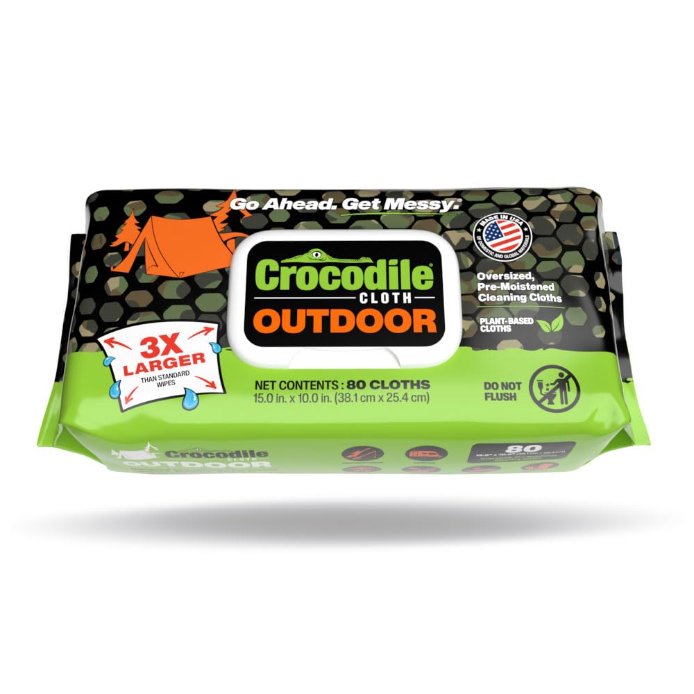 Crocodile Cloth Outdoor Cleaning Wipes, Plant-Based Multi-Surface Wipes, Pre-Moistened, Aloe & Vitamin E, Safe on Skin, 80 Count, 15 x 10 Inch