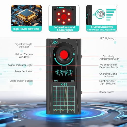 Hidden Spy Camera Detector, 2025 Upgraded GPS Tracker Detector, RF Signal & Bug Sweeper Detector, Smart Anti-Spy Device for Travel, Hotel, Bathroom & Car Security