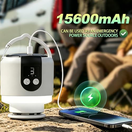 Geonfi 18” Camping Ceiling Fan with Light & Remote, 15600mAh Battery, Hangable Tent Fan, White - 45.72cm