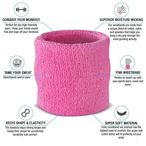 Absorbent Pink Wrist Sweatbands for Gym, Basketball & Tennis