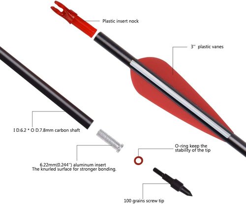 Archery Carbon Arrows for Hunting & Target Practice - Removable Tips, 26-30 Inch, 500 Spine, 6/12 Pack