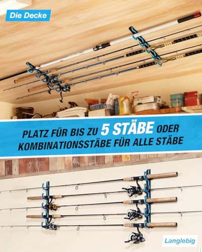 Ghosthorn Fishing Rod Rack - Wall or Ceiling Mounted Pole Holder for 5 Rods, Blue, 1 Pack