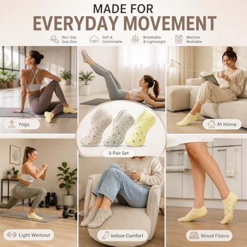YesMvpMvp Non-Slip Pilates Socks with Grips for Women, Multipack, Grey, Light Yellow, Khaki, US Size 5-9