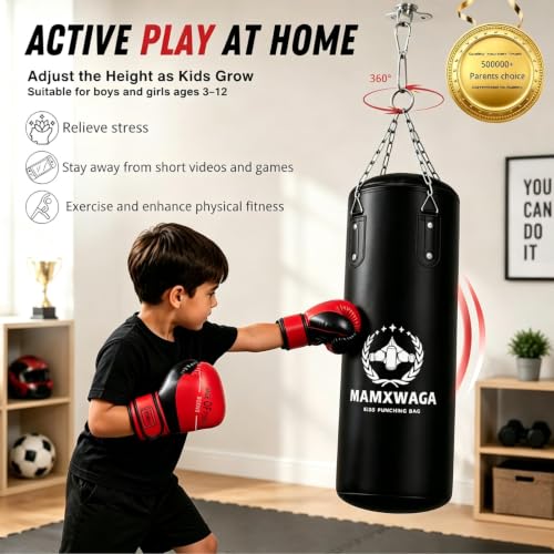 Kids Punching Bag Set with Gloves - Unfilled Heavy Duty Boxing & Kickboxing Equipment for Children 3-12 Years