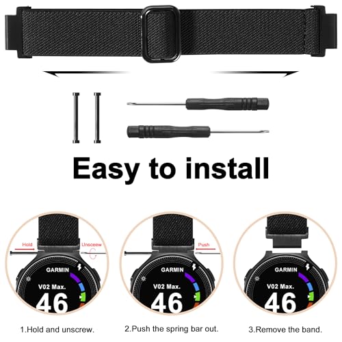 Farluya Black Elastic Nylon Watchband for Garmin Forerunner 235/220/230/620/630/735XT, Sport Stretchy Replacement Strap