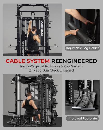 Smith Machine Power Cage Home Gym System with LAT Pulldown & Cable Crossover - Black / HORUS Set (With Bench & 230lb Plates)