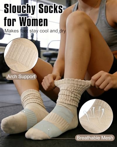 Slouchy Boot Scrunch Socks for Women - 4 Pairs B-Beige Khaki Caramel Dark Grey