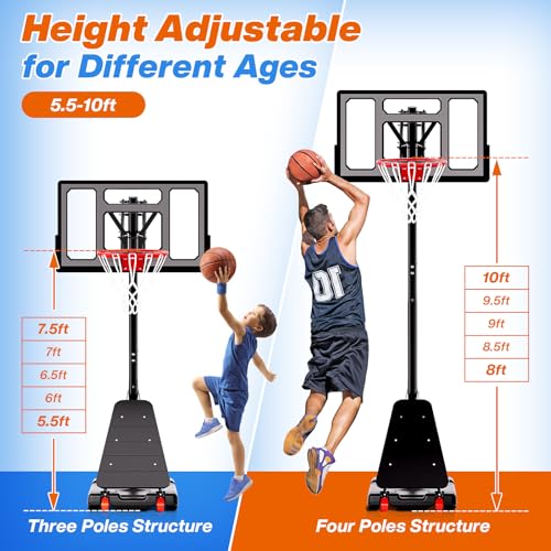 Portable Basketball Hoop with 40-Inch Impact Backboard - Adjustable Height 5.5-10FT - Black