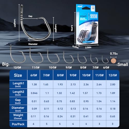 POHU Black Nickel 10/0 Heavy Duty Circle Hooks with Line Groove - 4 Pack
