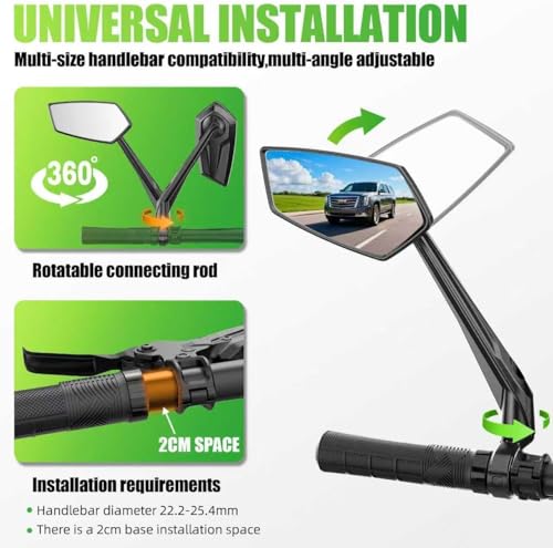 RBRL Left-Hand Handlebar Bike Mirror 360° Adjustable, 3-Screw Locking Anti-Loosen, Aluminum Base